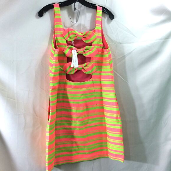 Trina Turk Aspiration Bow Back Neon Stripe Dress NWT Pink Lime Size 6 - Picture 5 of 6